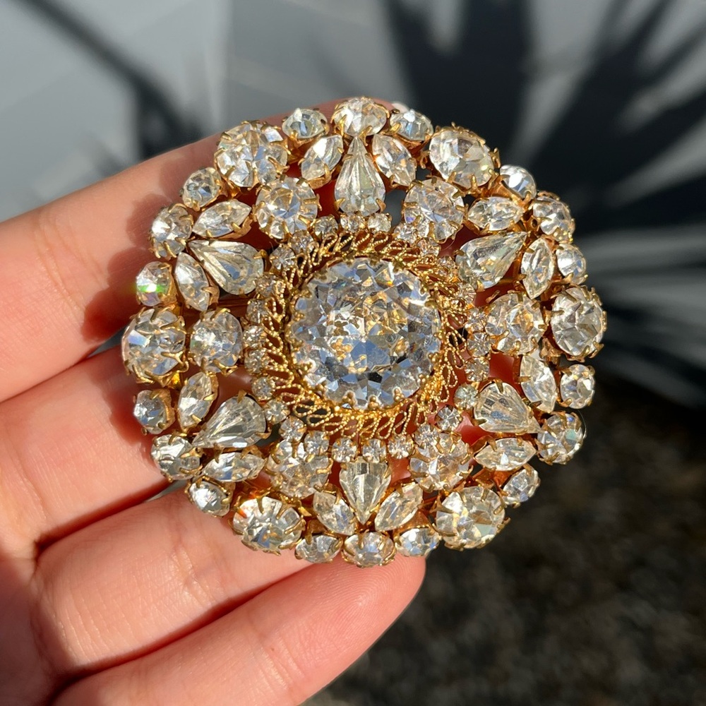 Vintage Made In Austria Clear Rhinestone Filigree Prong Large Snowflake Brooch